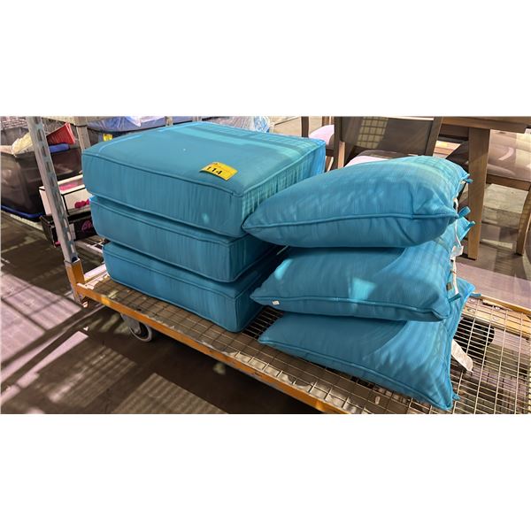 (3) BLUE SEAT CUSHIONS & (3) BLUE BACK/THROW CUSHIONS