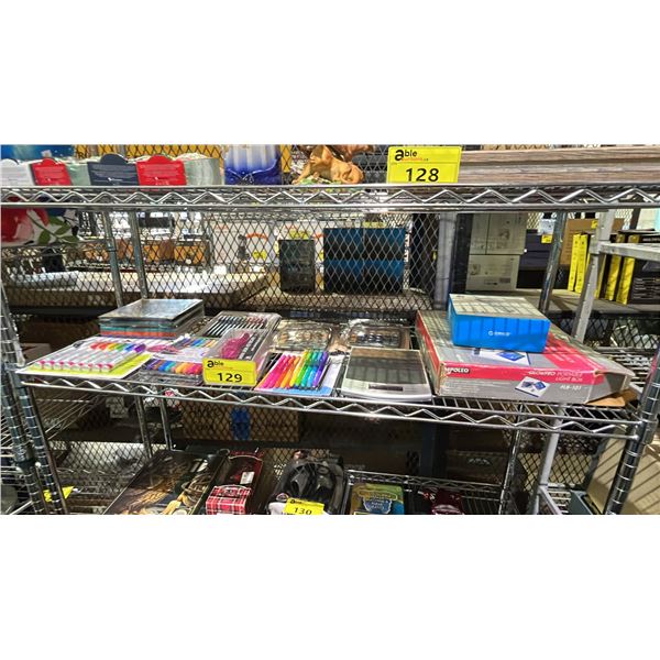 SHELF OF ASSORTED FELT MARKERS, COLOURING BOOK SET W/PENCIL CRAYONS, CALCULATORS, LIGHT BOX & MORE