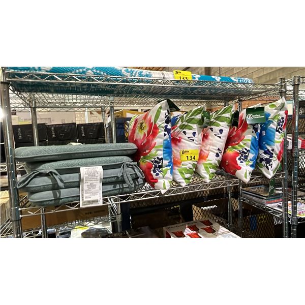 SHELF OF SEAT CUSHIONS WITH TIES & GARDEN TREASURES THROW CUSHIONS