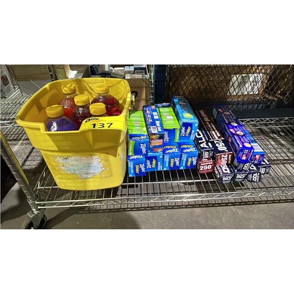 SHELF OF ASSORTED PINE SOL FLOOR CLEANER, BUCKET, ALUMINUM FOIL, PARCHMENT PAPER & ZIPLOC BAGS