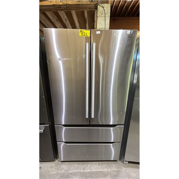 MIDEA STAINLESS STEEL FRENCH DOOR FRIDGE WITH ROLLOUT COOLER, ROLLOUT FREEZER & ICE MAKER 35.5"W
