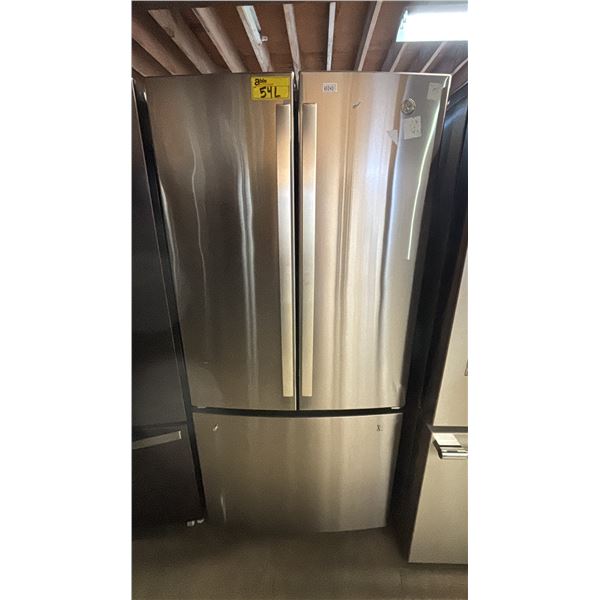 GE STAINLESS STEEL FRENCH DOOR FRIDGE WITH ROLLOUT FREEZER 33"W (FREEZER HANDLE MISSING)