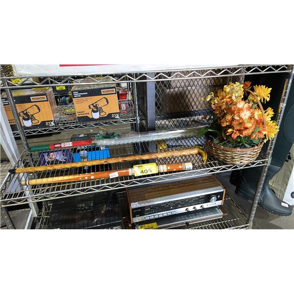 SHELF OF FAUX FLOWER BASKET, LIGHT HANGING KIT, CANE & THE BOTTOM PIECE OF A BILLIARD CUE