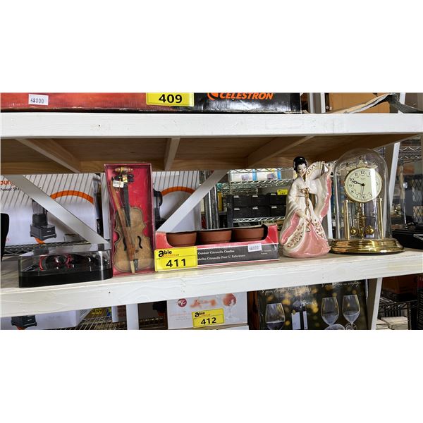 VTG. BULOVA ANNIVERSARY CLOCK, JAPANESE PORCELAIN FIGURINE, OUTDOOR CITRONELLA CANDLES & MORE