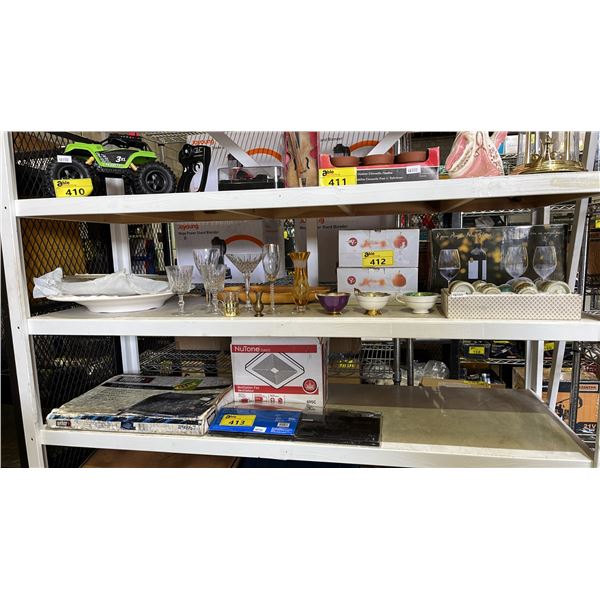 SHELF OF CERAMIC SAKE SET, ACRYLIC WINE GLASSES, DESSERT DISH SETS, CHINA TEA CUPS & MROE