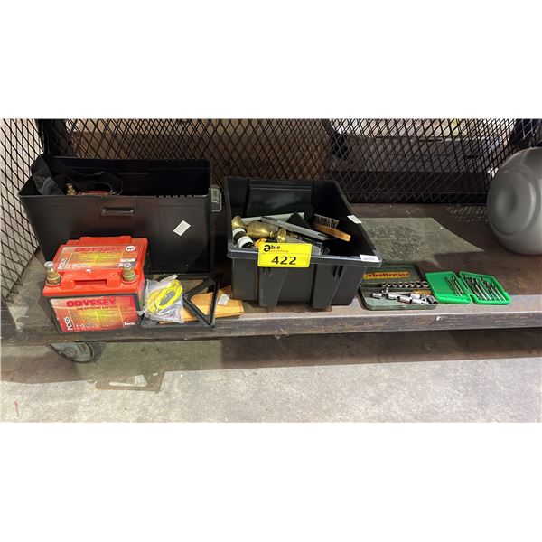 (2) ODESSY PC925 BATTERIES, SCREWDRIVER BIT SET, SOCKET SET & TOTE OF ASSORTED ITEMS
