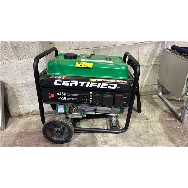 CERTIIFIED PORTABLE GAS GENERATOR: 4550 STARTING WATTS/3550 RUNNING WATTS