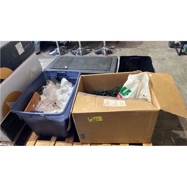 PALLET OF STRING LIGHTS, TINSEL, DRINKING GLASSES, CLOTHING & MORE *MUST TAKE ALL*