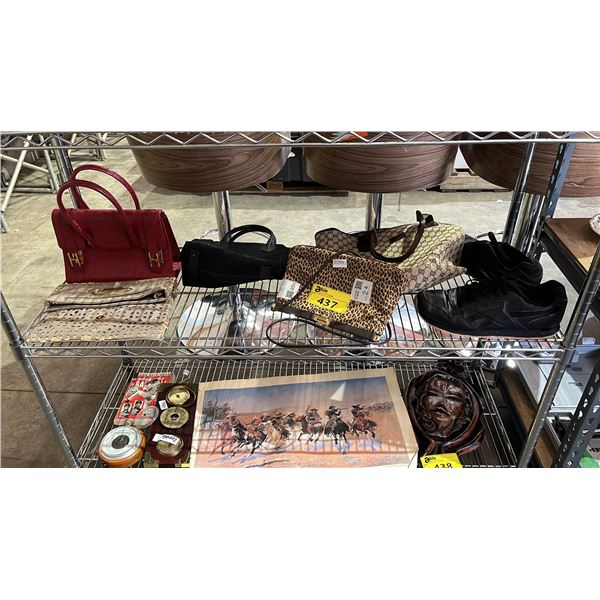 SHELF OF ASSORTED HANDBAGS, PURSES & A PAIR OF SHOES