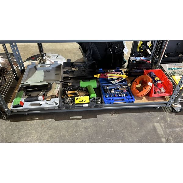 SHELF OF ASSORTED TOOLS: NAIL GUN, HEAT GUN, ROUTER SET & MORE