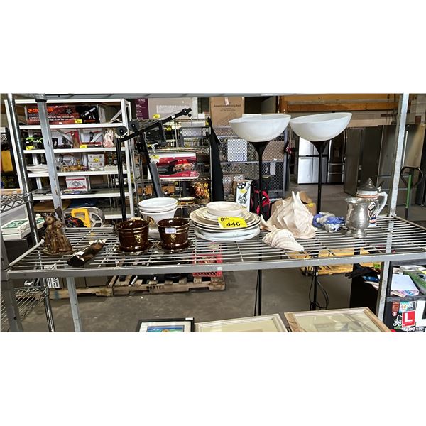 SHELF OF CARVED WOOD CATS, CERAMIC PLANT POTS, LARGE CONCHE SHELLS, DISHWARE & MORE