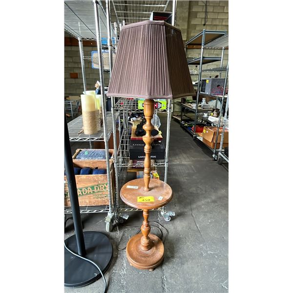 VINTAGE WOOD FLOOR LAMP WITH BUILT-IN ROUND SIDE TABLE