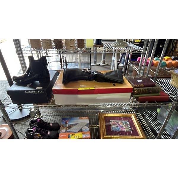(2) PAIRS OF  BOOTS (SIZE 9 & SIZE 8) AND (4) VINTAGE BOOKS