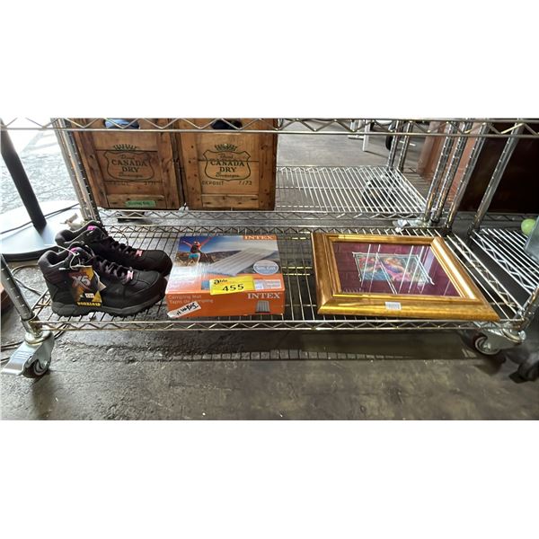 SIZE 8 STEEL TOE WORKBOOTS, INTEX INFLATABLE CAMPING MAT & FRAMED ART
