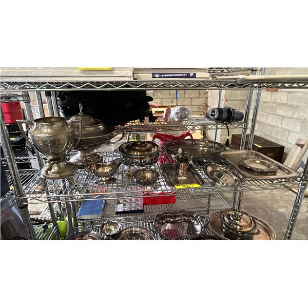 SHELF OF ASSORTED SILVER PLATED ITEMS