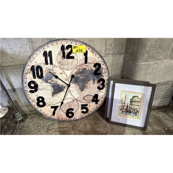 LARGE 28" WALL CLOCK & (2) FRAMED PRINTS