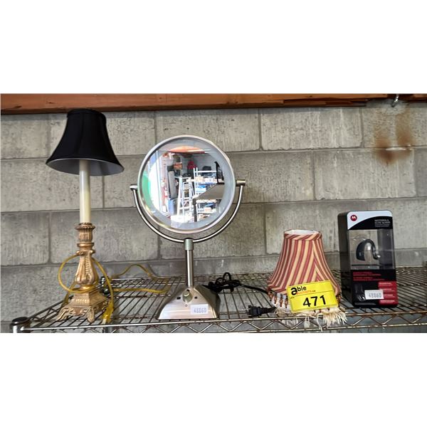 LED MIRROR, TABLE LAMPS, 2 SHADES & MOTOROLA BLUE TOOTH HEADSET