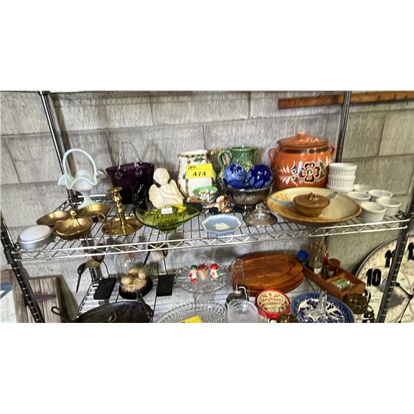 SHELF OF ASSORTED ART GLASS VASES, BRASS CANDLESTICK, PORCELAIN JUGS, LIDDED CLAY POT & MORE