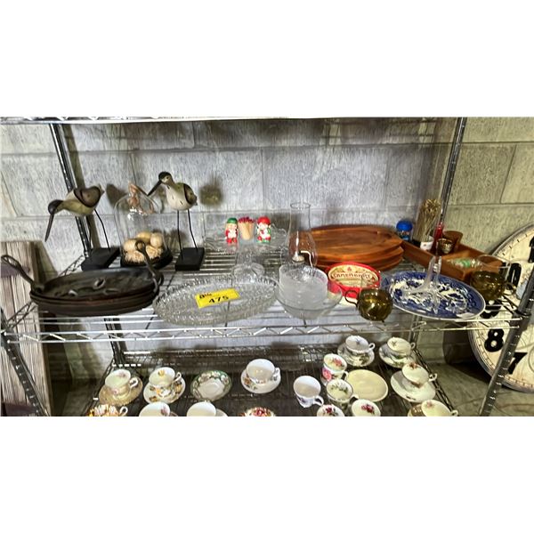 SHELF OF CARVED WOOD SANDPIPERS, WOOD TRAYS, CAST IRON OVAL SKILLETS WITH DETACHABLE HANDLES & MORE
