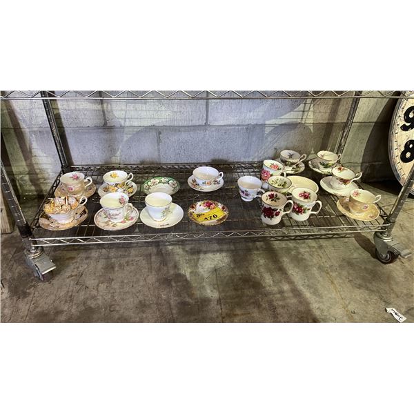 SHELF OF ASSORTED CHINA TEA CUPS, MUGS & SAUCERS