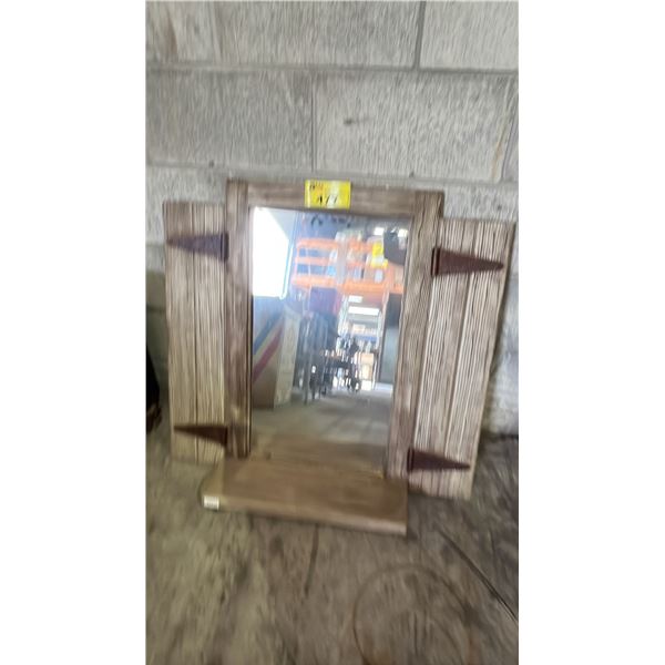 RUSTIC WOOD FRAMED WALL MIRROR W/DECORATIVE SHUTTER PANELS & BOTTOM LEDGE