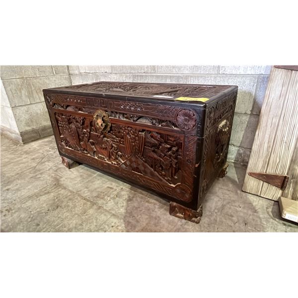 VINTAGE ASIAN CARVED WOOD CHEST: 36.5"L X 17"D X 19"T