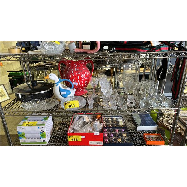 NON STICK SKILLET, ASSORTED DRINKING GLASSES, CERAMIC GOOSE WATERING CAN & MORE