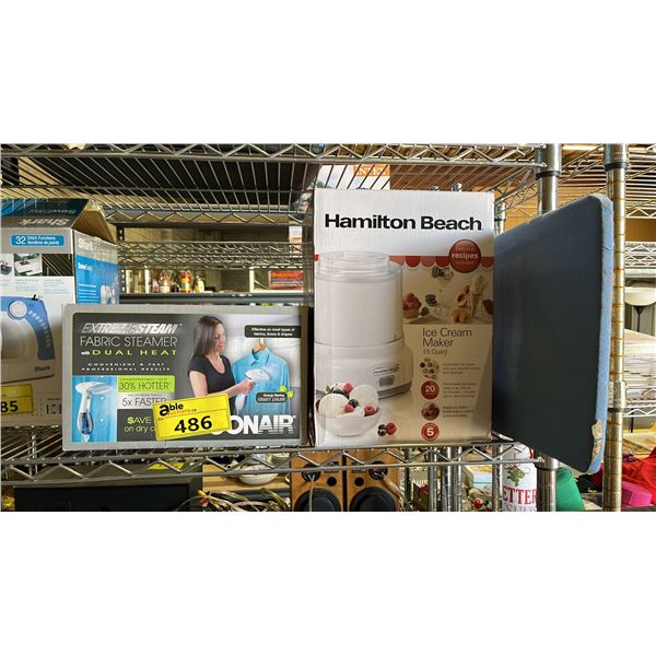 CONAIR FABRIC STEAMER, HAMILTON BEACH ICE CREAM MAKER & IRONING BOARD TOP (NO LEGS)