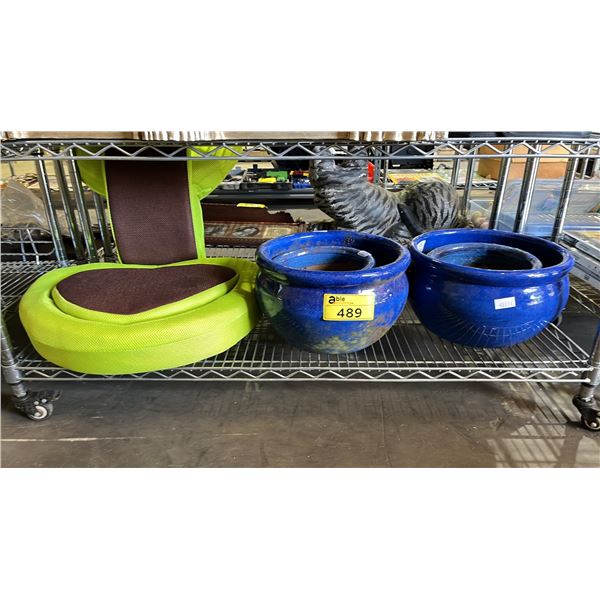 LEGLESS FLOOR CHAIR & (4) CERAMIC PLANT POTS