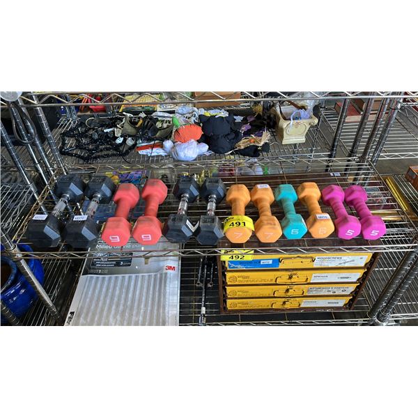 SHELF OF ASSORTED DUMBBELLS
