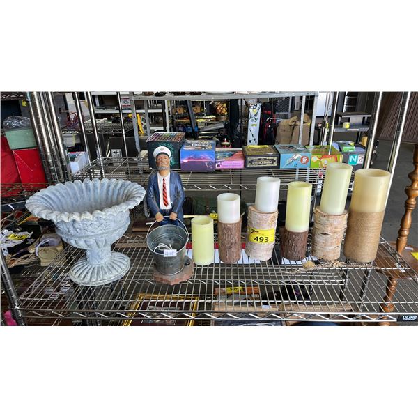 CAST STONE PLANT POT, RESIN SEA CAPTAIN FIGURINE & ASSORTED BATTERY OPERATED WAX CANDLES