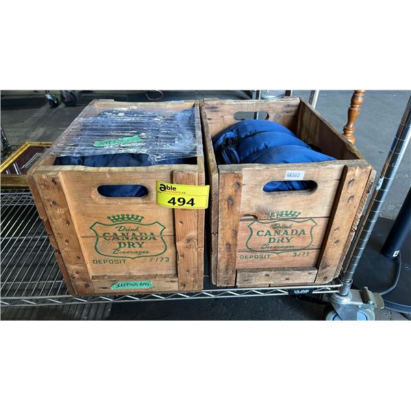 (2) VINTAGE WOOD CANADA DRY CRATES & (2) SLEEPING BAGS
