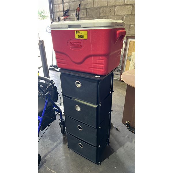 COLEMAN COOLER & 4-DRAWER STORAGE TOWER WITH METAL FRAME & 4 FABRIC STORAGE BINS