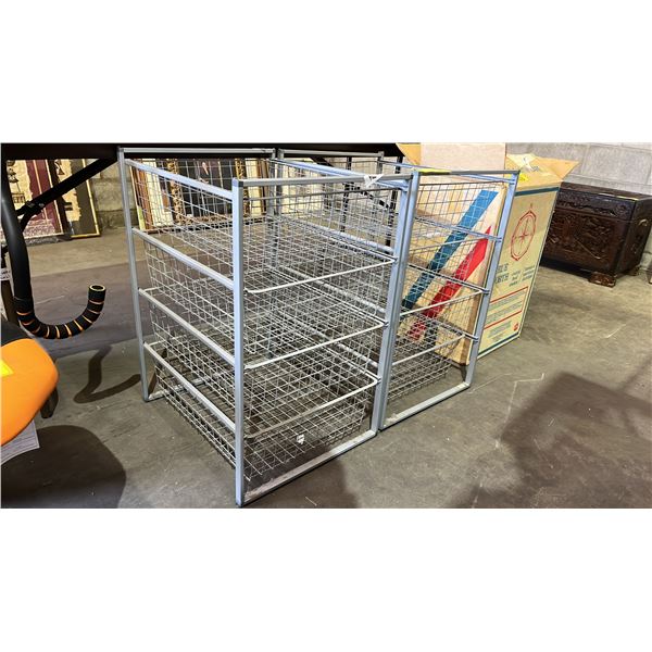 PAIR OF 4-DRAWER METAL WIRE STORAGE RACKS WITH SLIDE-IN METAL STORAGE BINS (1 BIN IS MISSING)