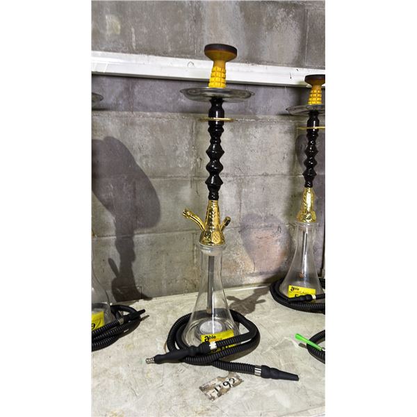 MODERN HOOKAH WITH BROWN & GOLDEN ACCENT METAL STEM AND CLEAR GLASS BASE
