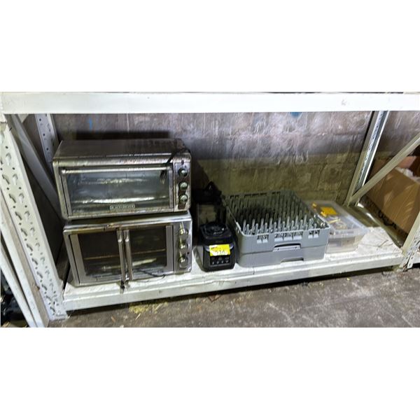 SHELF OF ASSORTED KITCHEN ITEMS INCL. TOASTER OVENS, NINJA MIXER AND DISHWASHER TRAY AND  MORE