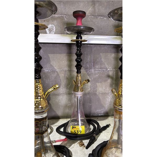 MODERN HOOKAH WITH BROWN & GOLDEN ACCENT METAL STEM AND CLEAR GLASS BASE