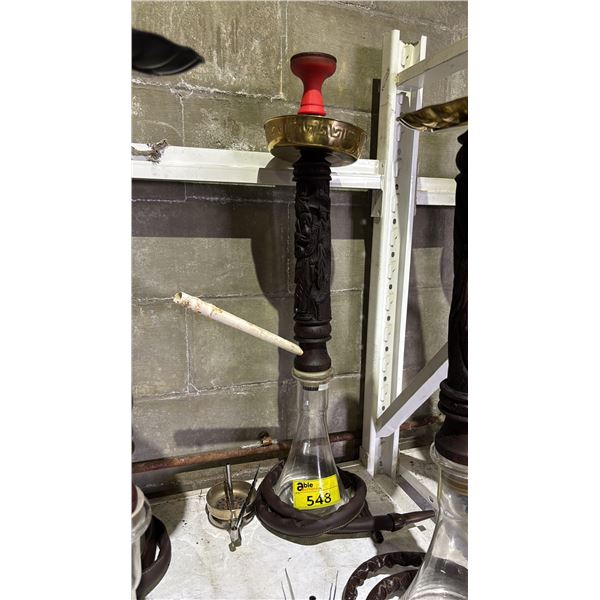 MODERN HOOKAH WITH CARVED WOODEN  STEM AND CLEAR GLASS BASE