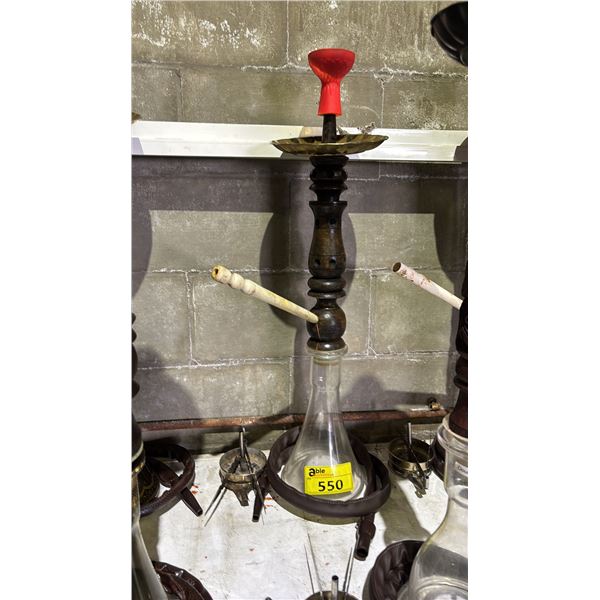 MODERN HOOKAH WITH CARVED WOODEN  STEM AND CLEAR GLASS BASE
