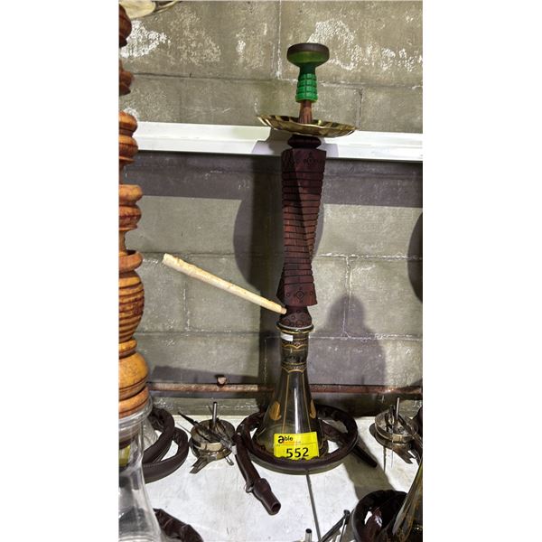 MODERN HOOKAH WITH CARVED WOODEN  STEM AND CLEAR GLASS BASE