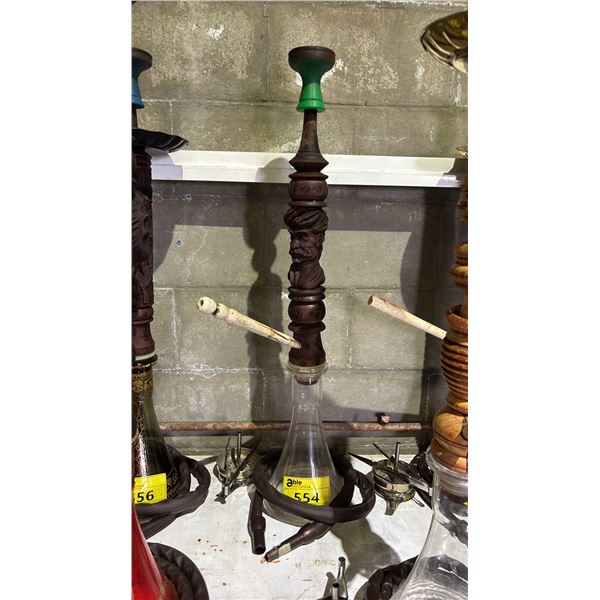 MODERN HOOKAH WITH CARVED WOODEN  STEM AND CLEAR GLASS BASE