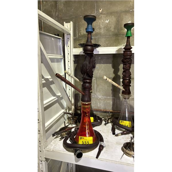 MODERN HOOKAH WITH CARVED WOODEN  STEM AND CLEAR GLASS BASE