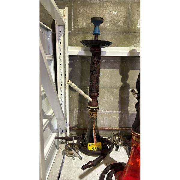 MODERN HOOKAH WITH CARVED WOODEN  STEM AND CLEAR GLASS BASE