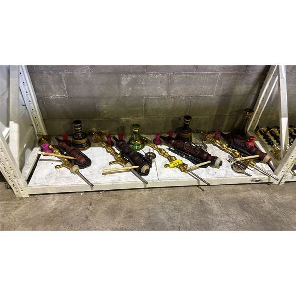 SHELF OF ASSORTED MODERN HOOKAHS WITH BASES AND PIPES