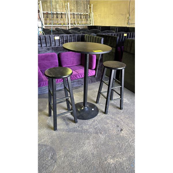 BAR HEIGHT WOODEN ROUND TABLE WITH METAL BASE AND 2 STOOLS