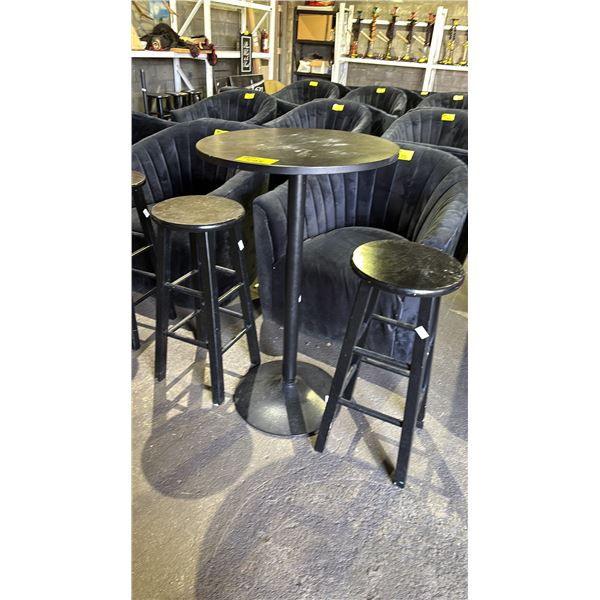 BAR HEIGHT WOODEN ROUND TABLE WITH METAL BASE AND 2 STOOLS