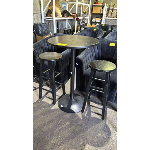 BAR HEIGHT WOODEN ROUND TABLE WITH METAL BASE AND 2 STOOLS