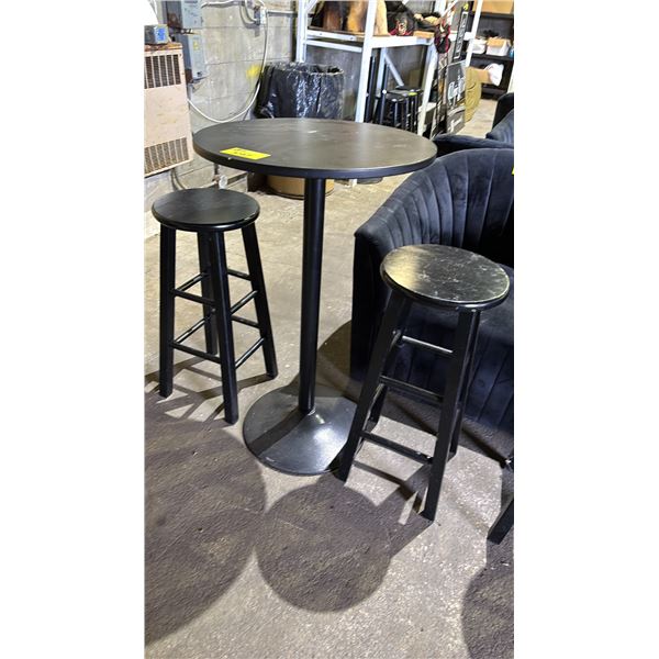 BAR HEIGHT WOODEN ROUND TABLE WITH METAL BASE AND 2 STOOLS
