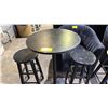 Image 2 : BAR HEIGHT WOODEN ROUND TABLE WITH METAL BASE AND 2 STOOLS