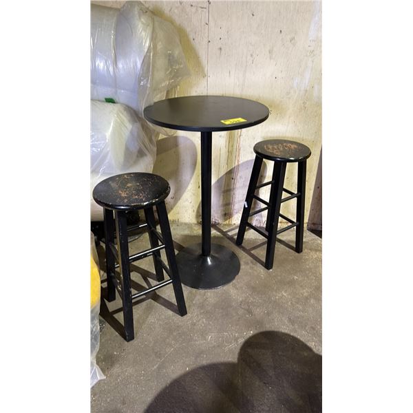 BAR HEIGHT WOODEN ROUND TABLE WITH METAL BASE AND 2 STOOLS